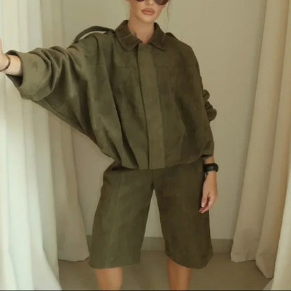 Women's Cinched Waist Shoulder Tab Bomber Jacket Pants Set
