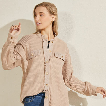 Women's Waffle Texture Button Front Pocket Shacket
