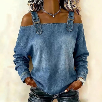 Women's Off Shoulder Denim Buckle Strap Long Sleeve Top