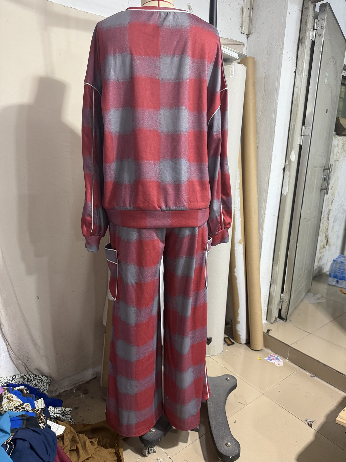 Women's Plaid Piping Oversized Sweatshirt & Pants Set