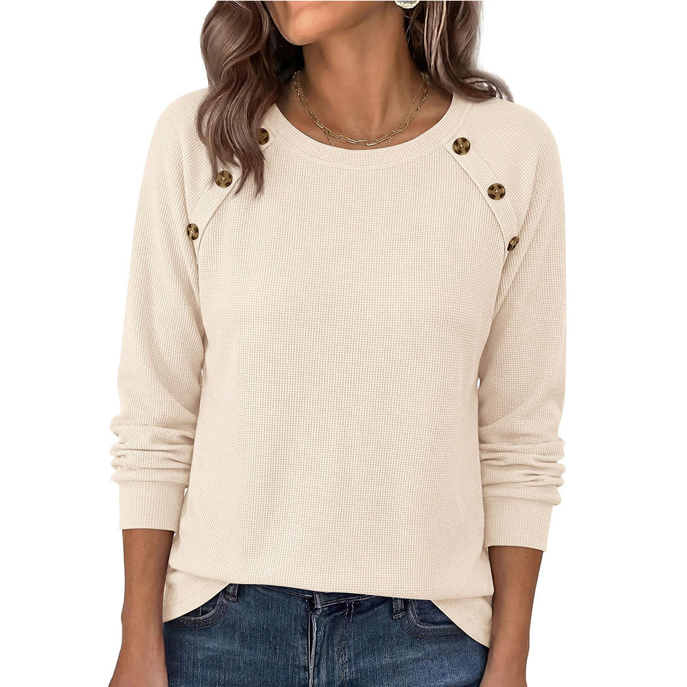 Waffle Knit Button Henley Top Crew Neck Long Sleeve Tee