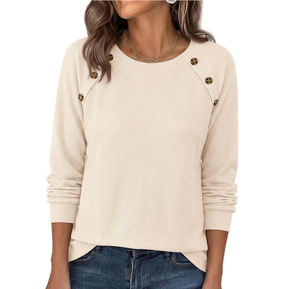 Waffle Knit Button Henley Top Crew Neck Long Sleeve Tee