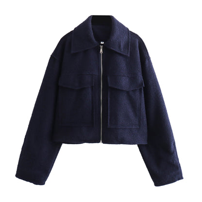 Women's Cropped Boucle Zip Jacket Collar Pocket