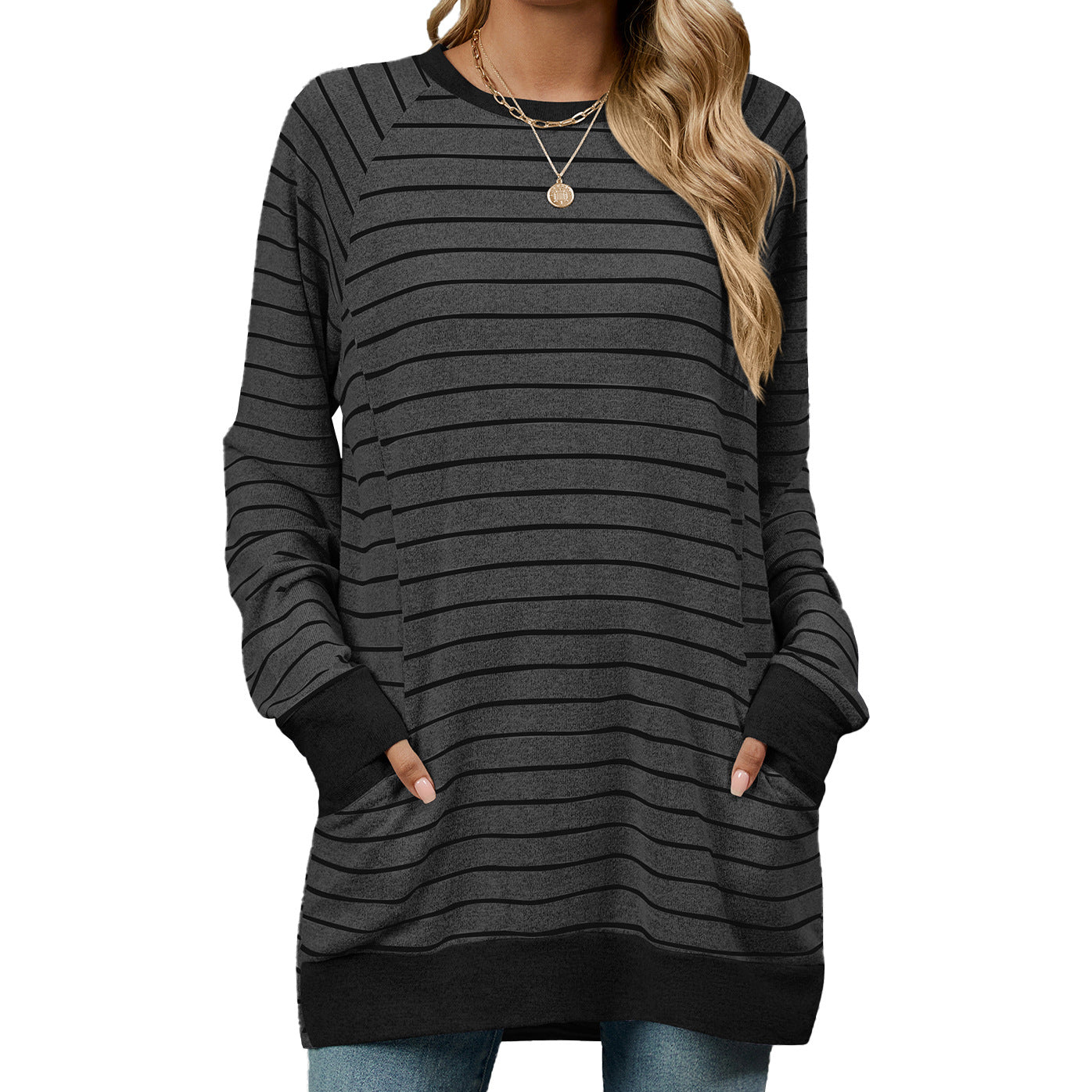 Women's Striped Color Block Long Sleeve Pocket Tunic