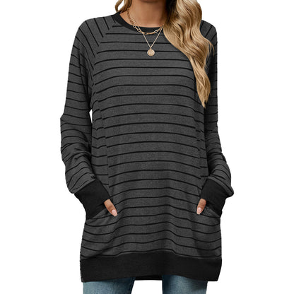 Women's Striped Color Block Long Sleeve Pocket Tunic