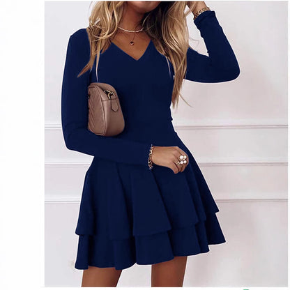 Women's V Neck Long Sleeve Knit Tiered Mini Dress