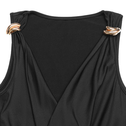 Metal Strap Cowl Neck Bodysuit Sexy Sleeveless Bodycon Top