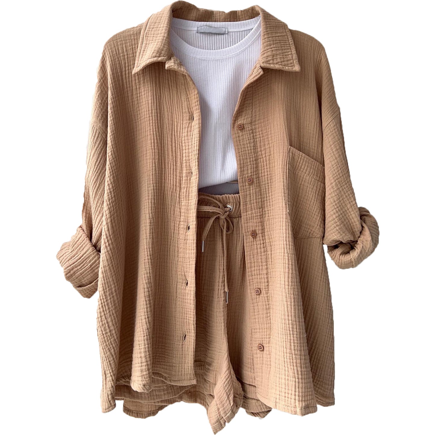 Women's Textured Shirt & Drawstring Shorts Matching Set