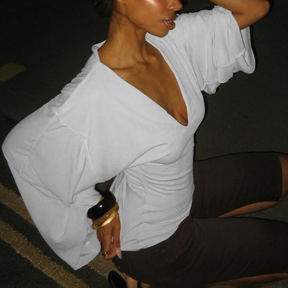Women's V Neck Bell Sleeve Crop Top Slim Fit Y2K