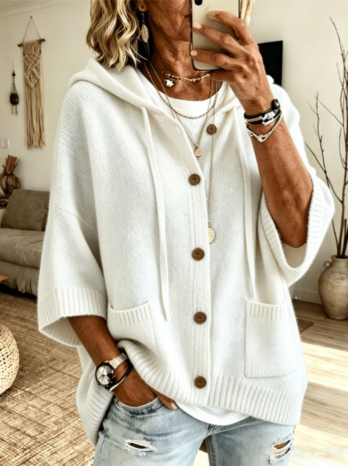 Women's Hooded Knit Cardigan Button Front Batwing Sleeve