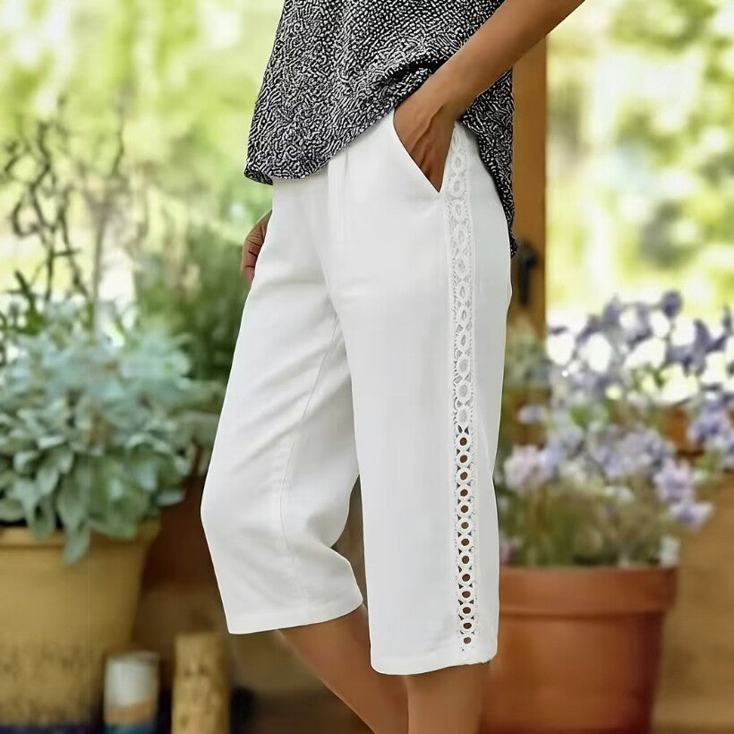 Lace Trim Linen Look Capri Pants Wide Leg Pocket