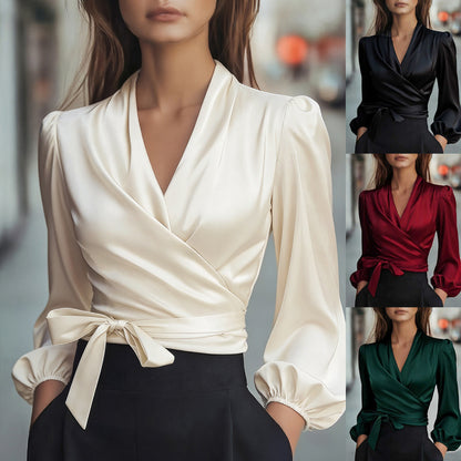 Satin Wrap Blouse V-Neck Tie Waist Puff Sleeve