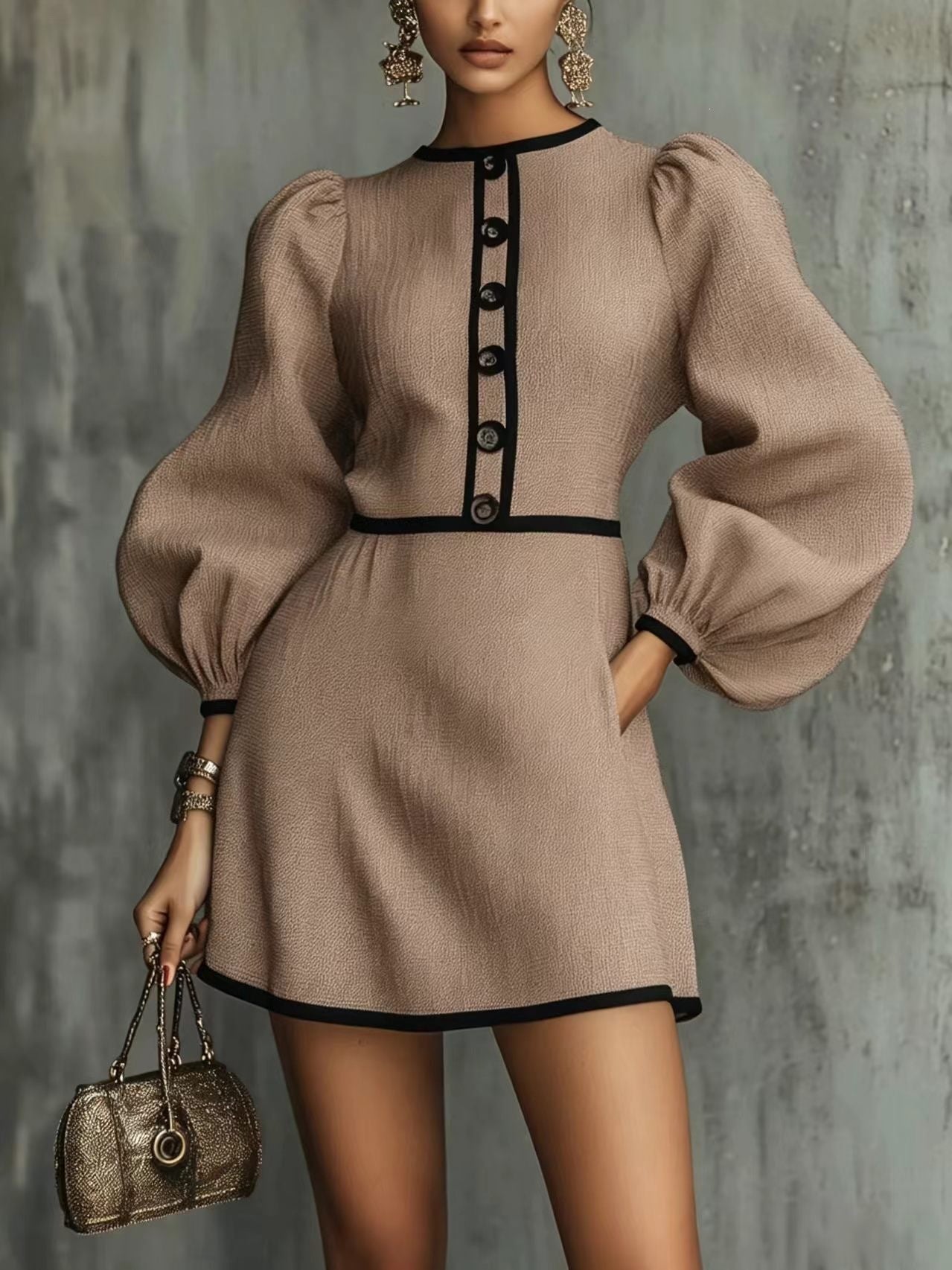 Tweed Mini Dress Puff Sleeve Button Front Contrast Trim