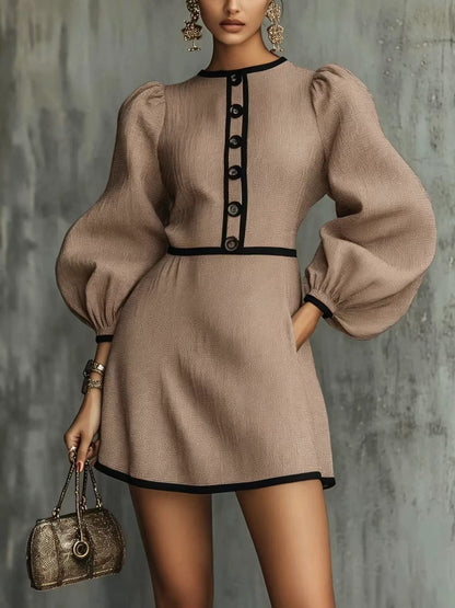 Tweed Mini Dress Puff Sleeve Button Front Contrast Trim