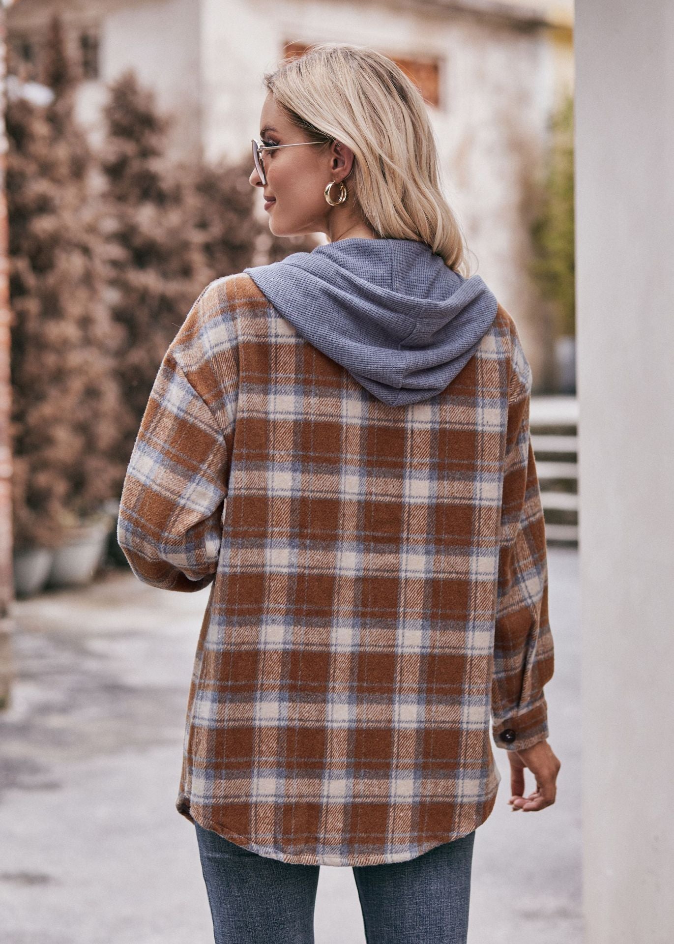 Women's Hooded Plaid Flannel Shirt Jacket - Casual Oversized