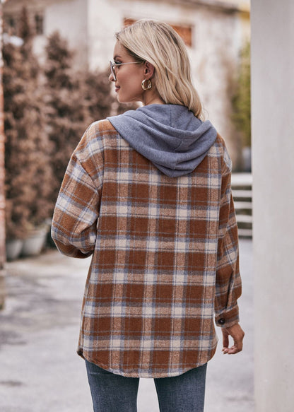 Women's Hooded Plaid Flannel Shirt Jacket - Casual Oversized