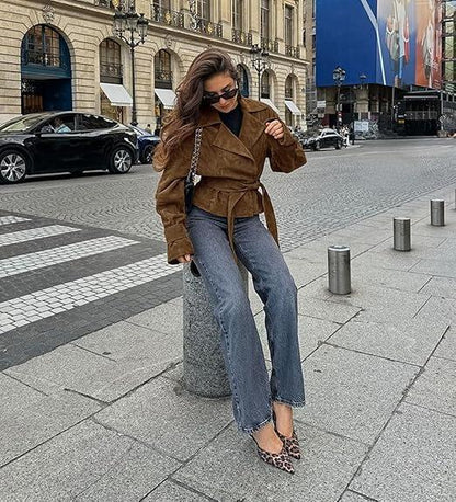 Women's Cropped Faux Suede Jacket Double Breasted Tie