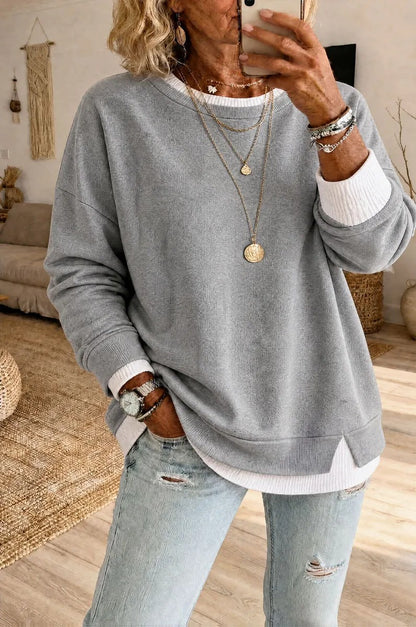 Oversized Layered Crewneck Sweatshirt Side Slit Ribbed