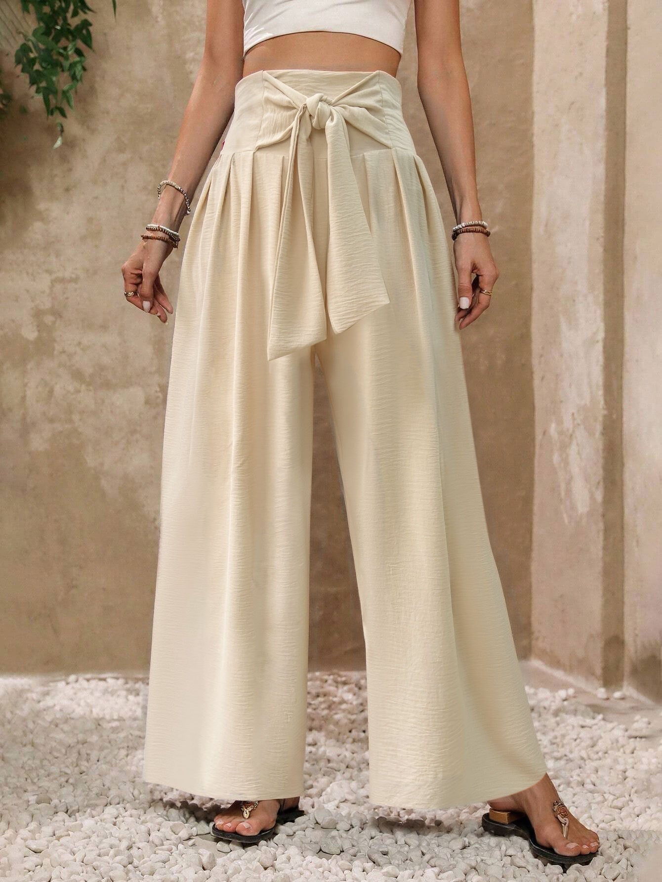 High Waist Tie Front Wide Leg Pants Resort Trousers