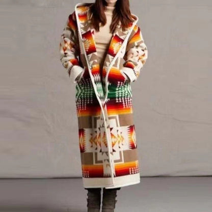 Women's Hooded Long Coat Geometric Print Jacket