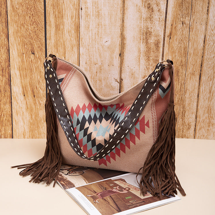 Boho Woven Canvas Tassel Shoulder Bag for Women