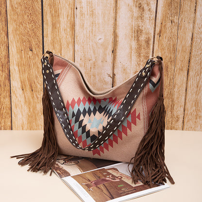 Boho Woven Canvas Tassel Shoulder Bag for Women