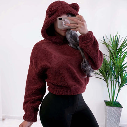 Women's Oversized Sherpa Bear Ear Crop Hoodie