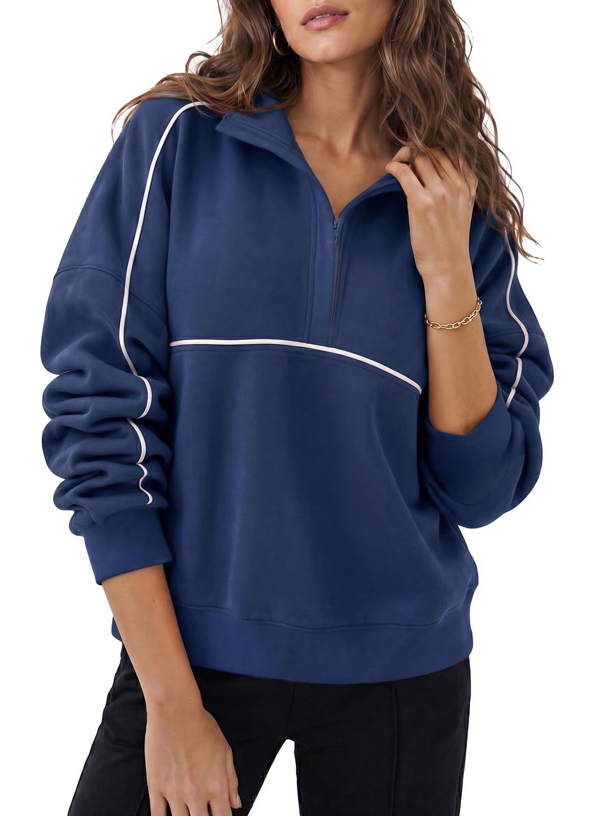 Quarter Zip Pullover Sweatshirt Contrast Piping Relaxed Fit