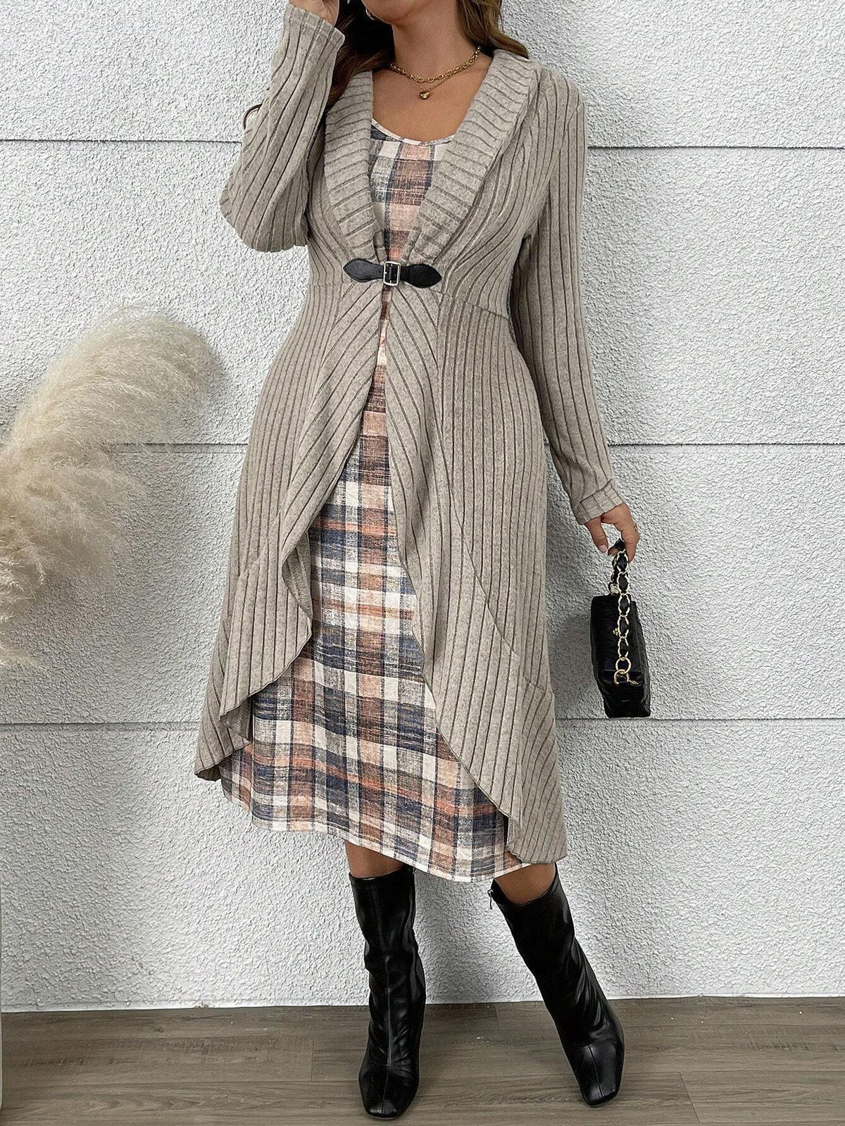 Plaid Dress & Long Knit Cardigan Two Piece Set