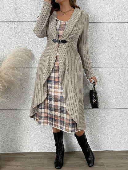 Plaid Dress & Long Knit Cardigan Two Piece Set