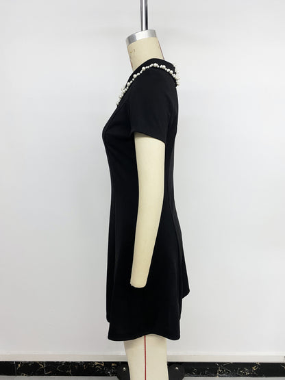 Beaded Collar Black Polo Mini Dress Casual Short Sleeve