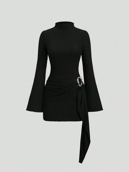 Ruched Knit Bodycon Dress Metal Ring Long Sleeve Mini