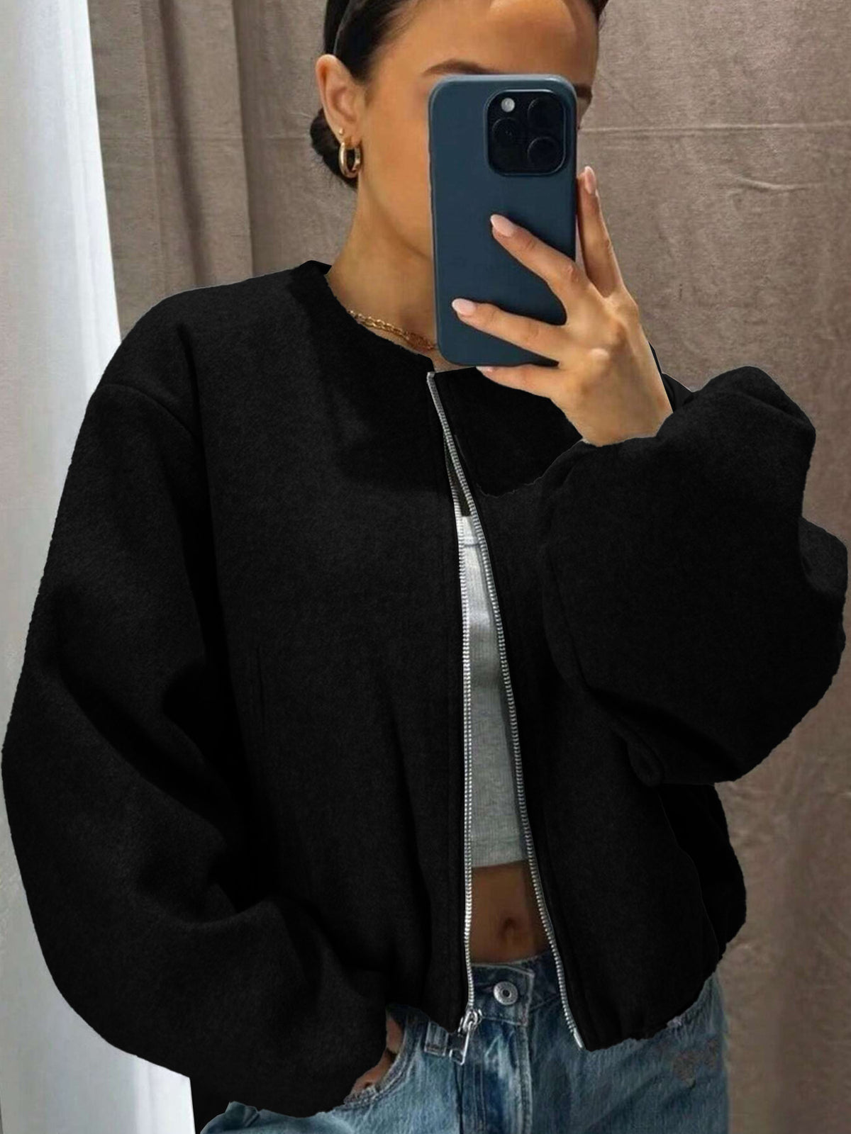 Women's Zip Up Bomber Jacket Lantern Sleeve Streetwear