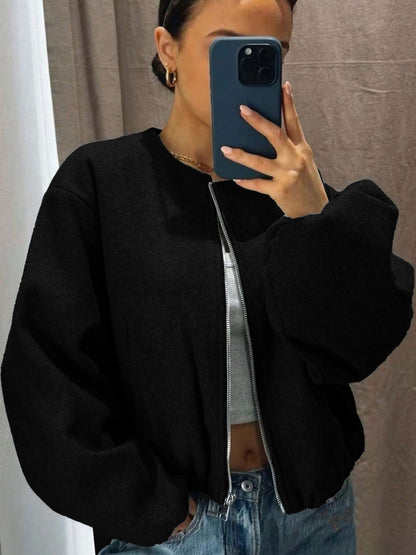 Women's Zip Up Bomber Jacket Lantern Sleeve Streetwear
