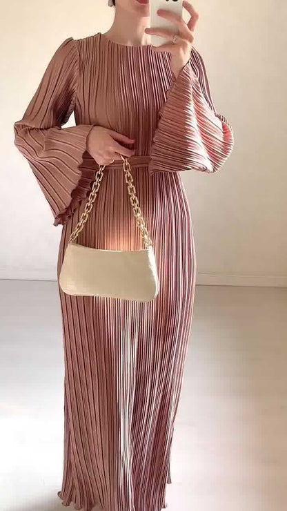 Pleated Bell Sleeve Maxi Dress Elegant Solid Flowy Mesh