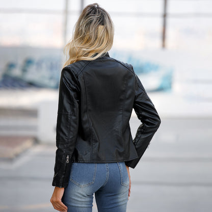 Women's Faux Leather Moto Jacket Slim Fit Zip Up