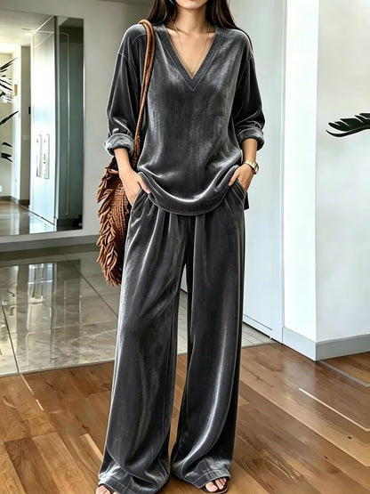 Women's Velvet V Neck Wide Leg Pants Two Piece Lounge Set