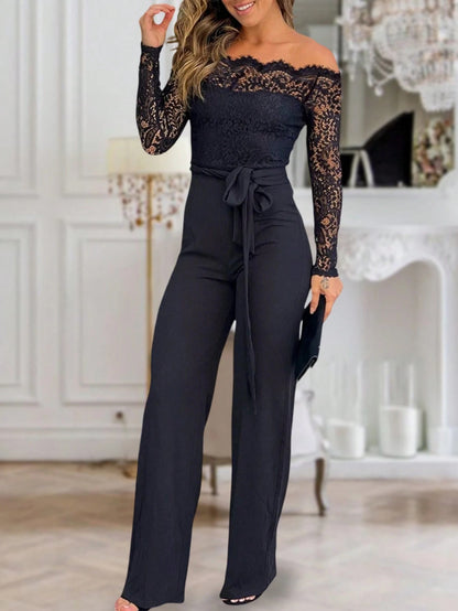 Women's Off Shoulder Lace Long Sleeve Wide Leg Jumpsuit
