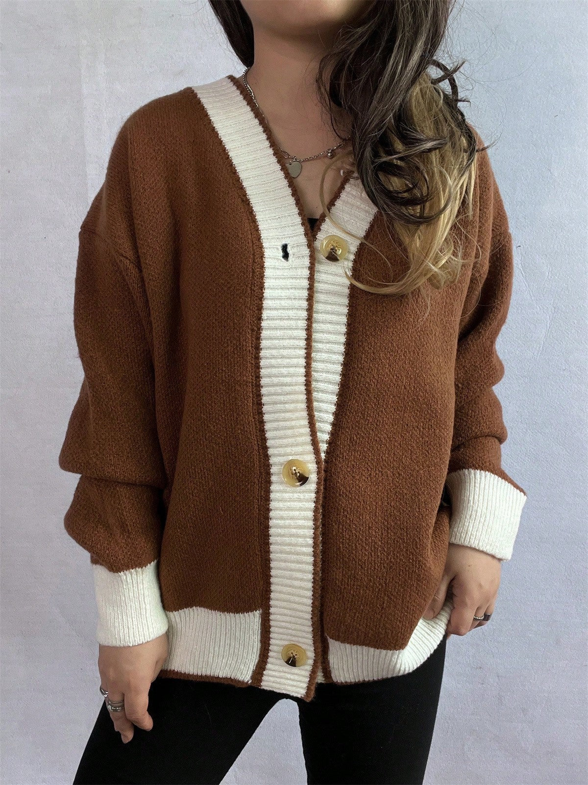 Color Block V Neck Button Front Ribbed Cardigan