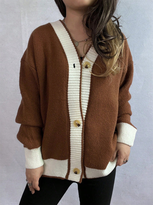Color Block V Neck Button Front Ribbed Cardigan