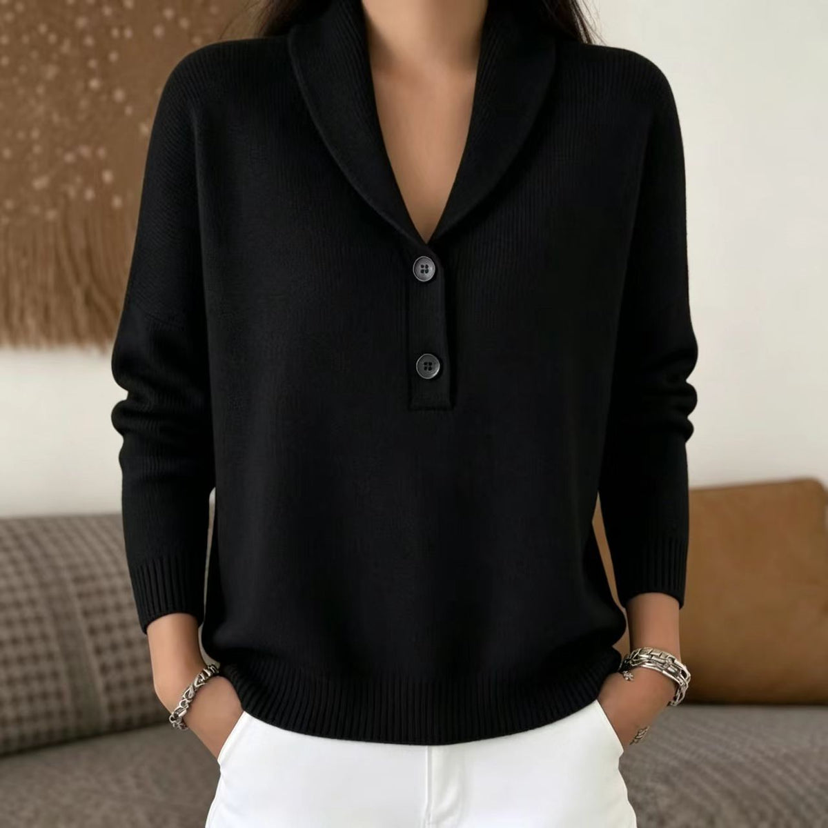 Women's Shawl Collar Button Pullover Sweater Soft Knit