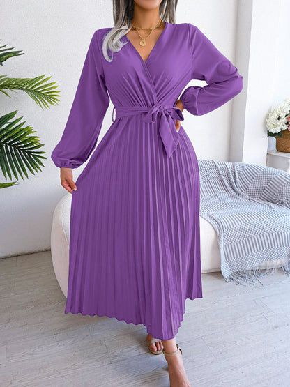 V-Neck Wrap Pleated Maxi Dress Long Sleeve Tie Waist