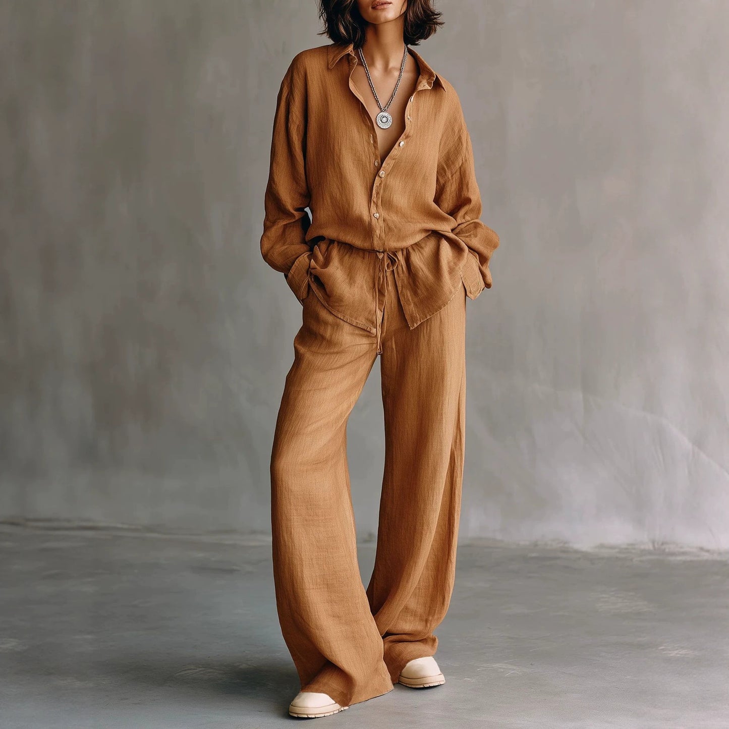 Women's Button Down Shirt Wide Leg Pants Matching Set