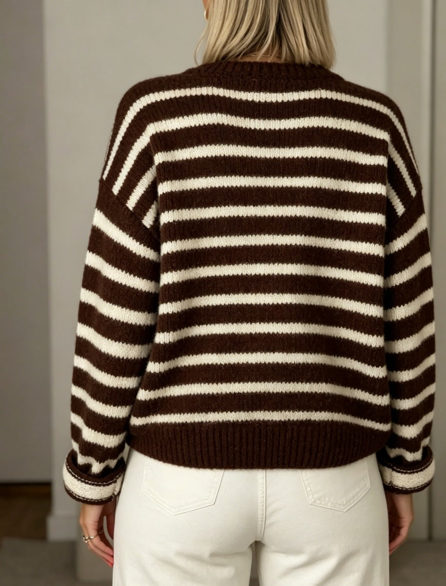 Striped Knit Cardigan Button Front Oversized Sweater