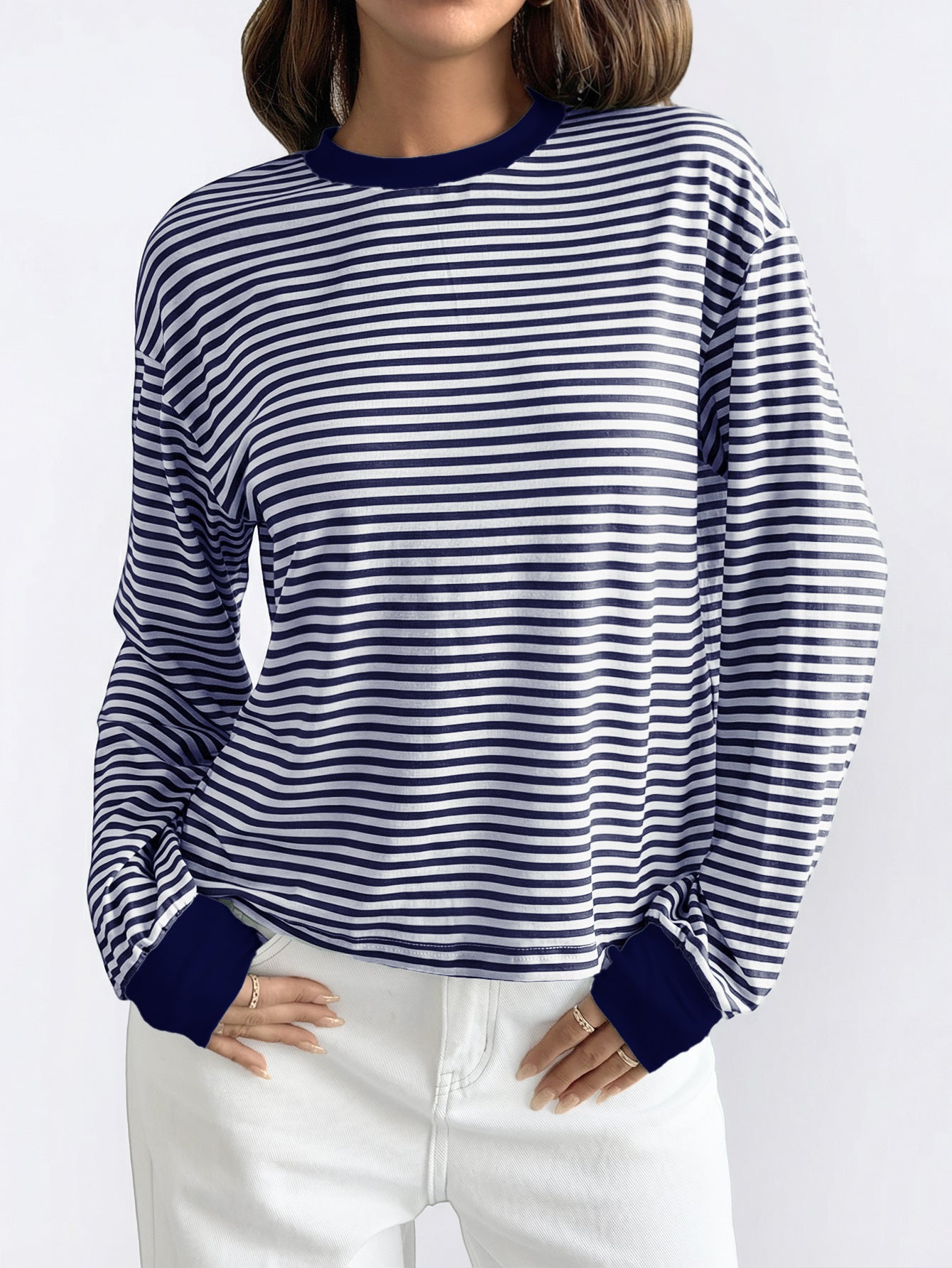 Pink Black Striped Long Sleeve Crew Neck Casual Tee