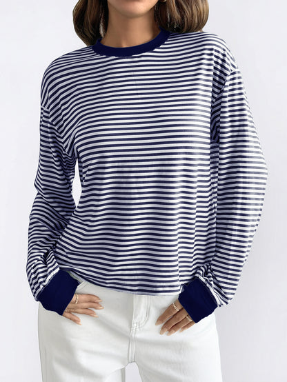 Pink Black Striped Long Sleeve Crew Neck Casual Tee