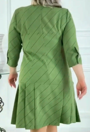 Women Plus Size Midi Dress Button Front Pleated 3/4 Sleeve