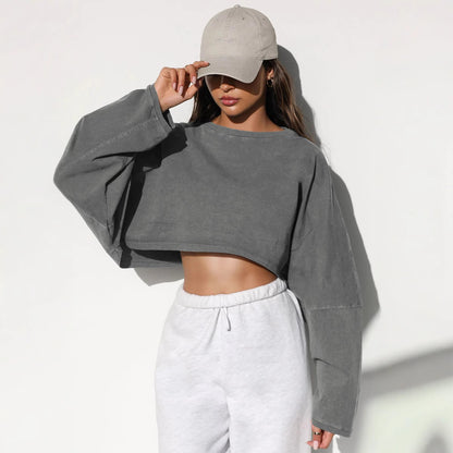 Womens Cropped Sweatshirt Oversized Crew Neck Pullover