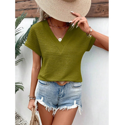 Textured V Neck Short Sleeve Top for Summer Women