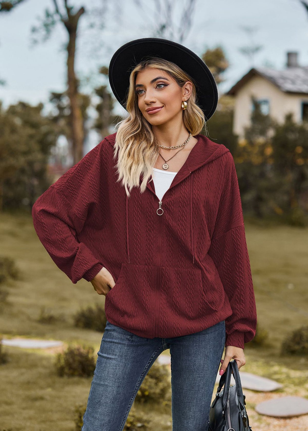 Oversized Textured Zip-Up Hoodie Jacket Pockets